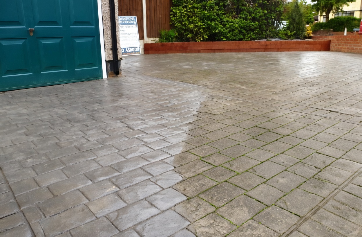Faded patterned driveway before refresh